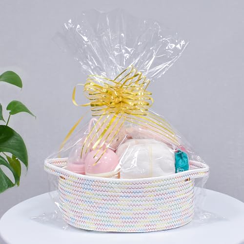 Image of ABenkle Small Basket with Handles, Boho Decorative Rope Woven Dog Cat Toy Storage Bin Shelf Storage Organizer, Easter Christmas Gift Basket, 12 inchx8 inchx5 inch