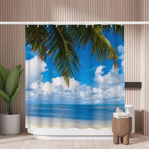 Woutay Shower Curtain Mould Proof Resistant Palm Beach,Water Repellant Fabric,Polyester,Size 180x180CM