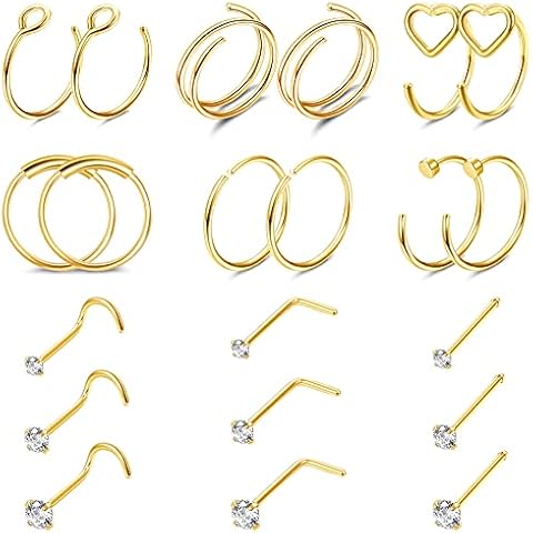 ADRAMATA 21Pcs 22G Nose Ring Nose Stud Stainless Steel Nose Piercing Lip Rings Nose Rings Hoop CZ Septum Rings Silver Black Gold Nose Rings for Women Men Cover