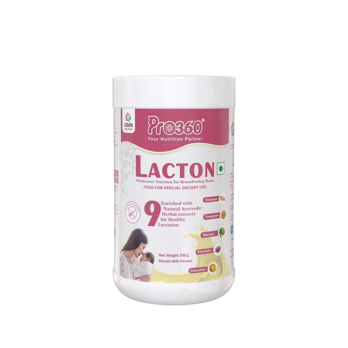Pro360 Lacton Lactation Supplement for Breastfeeding – 200g Protein Powder for Pregnant Women & Lactating Mothers with Herbal Extracts – Without Sugar Masala Milk Flavor