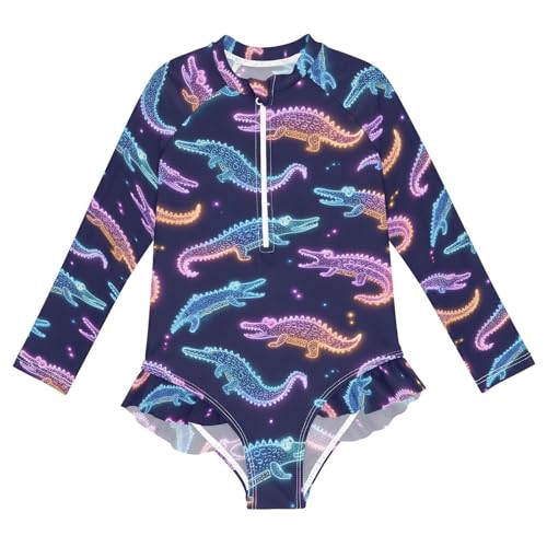 ALAZA Alligator Neon Black Girls One Piece Swimsuit Long Sleeve Rash Guard Swimsuits UV 50+ Swimwear Zipper
