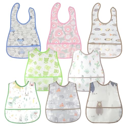 Baby Lätzchen Set Lätzchen Baby: 8 Stück Lätzchen Wasserdicht Kurzarm Lätzchen, Baby Kleinkind Lätzchen Set, Fütterung Lätzchen Schürze mit Eingebauten Tasche für 6-36 Monate Babys/Kleinkinder
