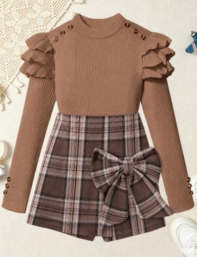Image of Girls Clothes 2 Piece Ruffle Long Sleeve Shirt Top and Bow Plaid Skirt Set Girls Fall Winter Outfits 6-16 Years