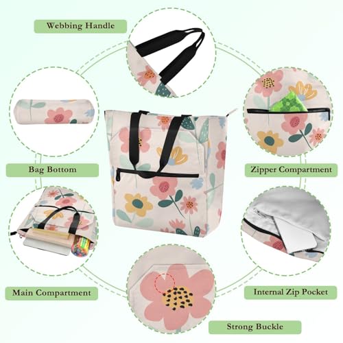 Bolsa de playa con cremallera y estampado de flores para compras y colegio 5