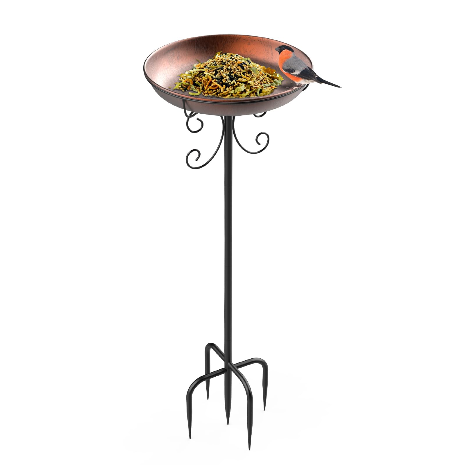 EFUTURETIME Abbeveratoio Grande in Metallo per Uccelli Con Supporto φ 30 × 90 cm Vaschetta per Uccelli Vassoio Regolabile in Altezza per Giardino Esterno Balcone, Colore Bronzo