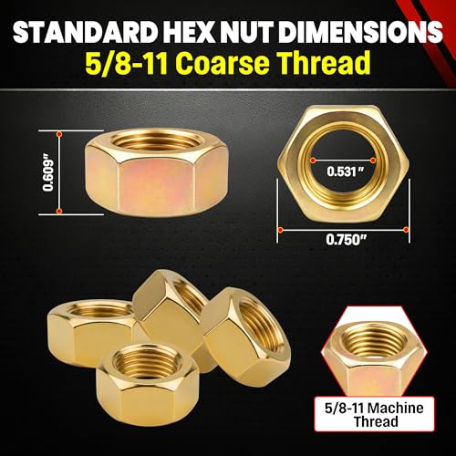 Image of Chenango Supply 5 /8-11 Grade 8 Hex Nuts, Alloy Steel Heavy Duty Nuts | 150,000 PSI Proof Load, Yellow Zinc Chromate Finish, USS Coarse Thread Industrial Fasteners, 10 Pieces (5 /8-11 HxNut G8)