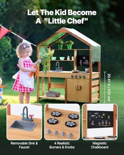 Image of VEVOR Mud Kitchen for Kids Outdoor, Wooden Mud Kitchen Set with Canopy, Mud Kitchen for Kids Outdoor Backyard with Stoves, Planter Boxes, 2 Sink, Faucet, Blackboard, Cookware Pot