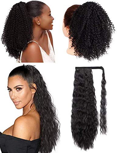 YMHPRIDE 2 Pieces Short Afro Curly Drawstring Ponytail Extension and Long Corn Wave Magic Paste Ponytail for Women Kinky Curly Black Ponytail Wrap Around Synthetic Ponytail Hairpieces