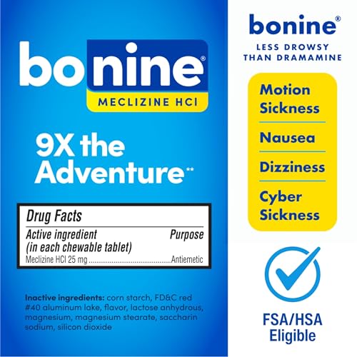 Image of Bonine Non-Drowsy for Motion Sickness Relief, Sea Sickness, Car Sickness, Nausea, & Vomiting - Meclizine HCI 25mg, Travel-Sized - 16ct Raspberry Chewable Tablets (Packaging May Vary)