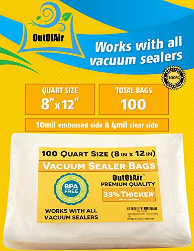 100 Vacuum Sealer Bags: Quart Size (8" x 12") by OutOfAir Works with FoodSaver & Other Machines - 33% Thicker BPA Free, Commercial Grade, 8 x 12 inches - Thumbnail 2