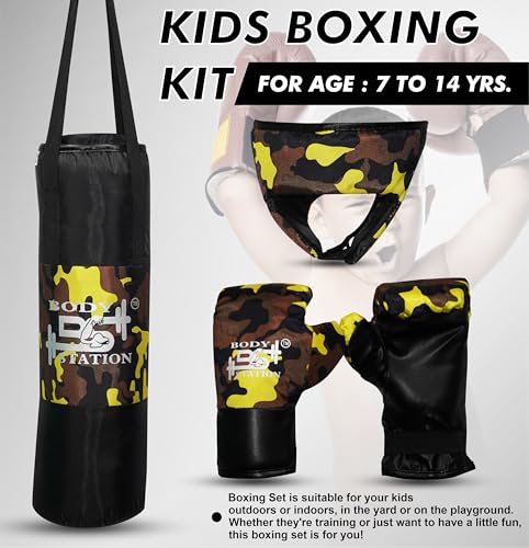 Image of Kids Champ Junior Punching Set | 1 Punching Bag, 1 Head Guard, 2 Gloves | Boxing Training Punching Bag & Gloves for Boys & Girls | for 3 to 10 Years Kids (Set of 4) (Yellow Camo)