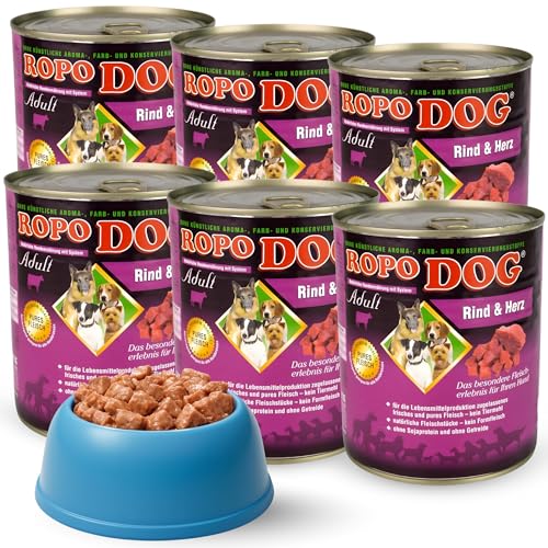 ROPODOG Hundefutter Nassfutter 6×800 g für Erwachsene Hunde Aller Rassen Premium Qualität getreidefrei, proteinreich, gut verträglich – Vollnahrung im Vorratspack (Rind & Herz)