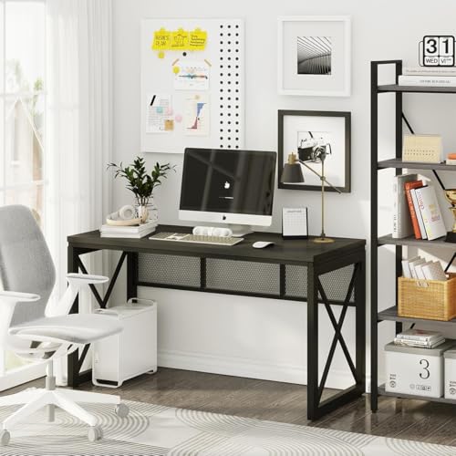 Image of Klaxon Engineered Wood Iron Study Table with Drawer, Multi-Usage Laptop Desk & Home Office (Printo-FD, DIY Installation) (Black, Gillian)