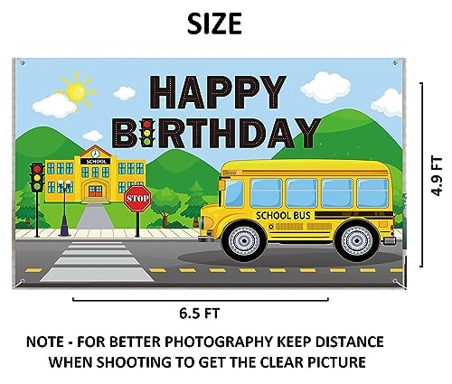 Image of 1 pc Wheels Bus Theme Backdrop Cloth (6.5ft X 5ft) School Bus Theme Birthday Decoration Items Wheel On the Bus Background Curtain (Pack of 1, Multicolor)