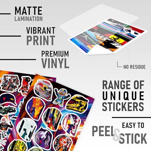 Image of CodersParadise - Pack of 120 F1 Formula One Racing Vinyl Stickers for Laptop, Journal, Diary, Guitar, Mobile Case - Waterproof Residue Free Multicolor Stickers - 3 Inches for Metal, Glass