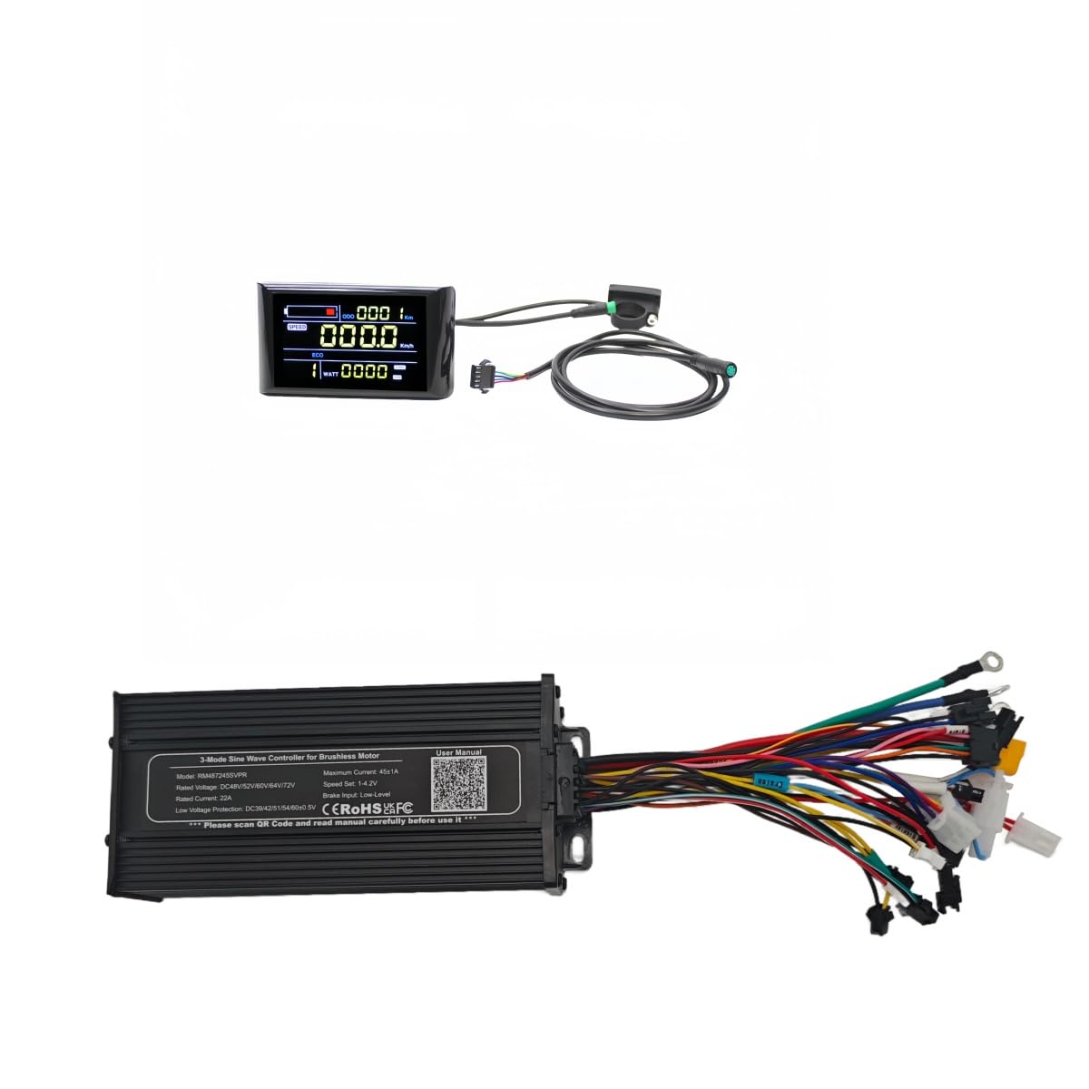 ebsenopower Intelligent Sine Wave Controller, 48V-72V, 1500W-2800W, 45A, 3-Mode Operation with Optional Display (48-72V Controller and SW900 Color Display)