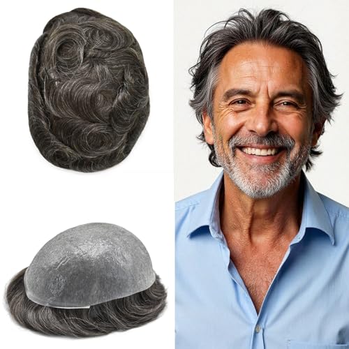 FNY HAIR All V-Looped PU Mens Hair Piece,0.04-0.06mm Ultra Thin Skin Toupee for Men,Indian Remy Human Hair Replacement System #230 2# DARKEST BROWN WITH 30% SYNTHETIC GREY 8X10-100% Light Density