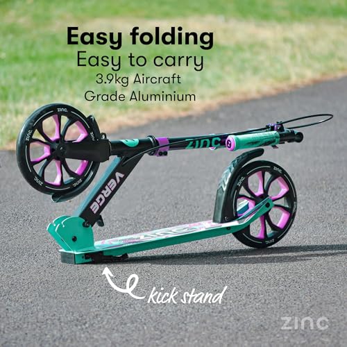 Image of Zinc Verge Pro Kids Scooter - Big Wheel Kick Scooter for Ages 6+, Foldable 2-Wheel Scooter with 200mm Wheels, Lightweight, Height Adjustable, Rear Footbrake, Supports up to 100kg, Black & Green