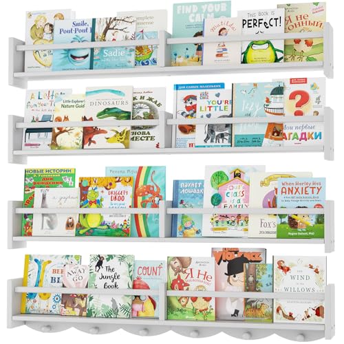 ECOOCE 34Inch Nursery Bookshelves Set of 4 Wall Floating Shelf Kids Coat Rack with 6Hooks Hanging Book Shelf for Baby Nursery Room Dcor Patent Number: 29958098(White 34)