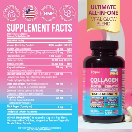 Zoyava Collagen Pills Peptides Types I, II, III, V & X MCG Biotin Keratin Hyaluronic Acid MSM Vitamin A Vitamin C Vitamin E Folic Acid Zinc Magnesium with Grape Seed Extract, Quercetin (90 Caps) - Image 3