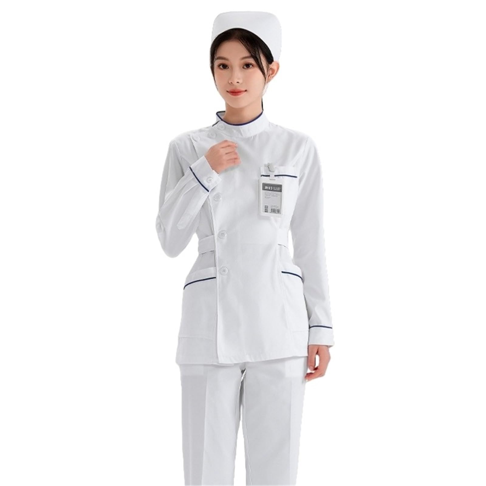 Uniformes Sanitarios Mujer Uniforme de Enfermera, Conjunto Dividido, Cuello muñeca Blanco, Manga Corta/Larga, Ropa Trabajo for salón Belleza y Hospital, Vestidos médicos | Side lapel(Long),S(Unisex)
