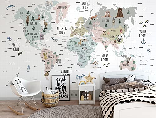 Marewallart World Map Wallpaper - Kids Map Wall Mural, Nursery Map Wall Mural, Kidsroom Animals Wall Print, Childroom Playroom Wallpaper #TOP1
