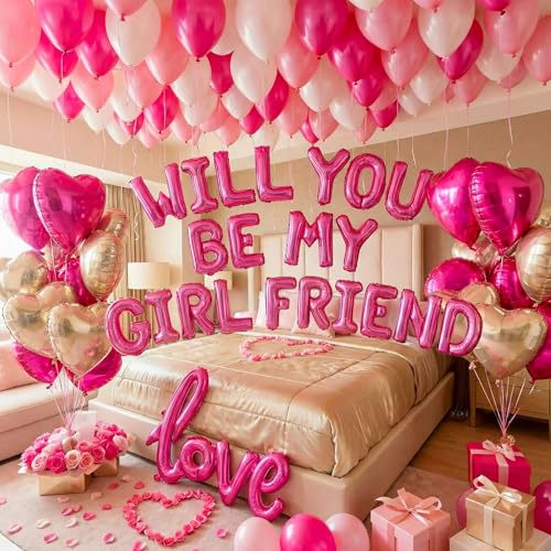 Image of Will You Be My Girlfriend Balloons 60pcs pink hot pink and white balloon kit Include 18 Inch Heart Shaped Balloons and 1000 Pink Artificial Rose Petals Romantic Decoration Kit for Valentines Party