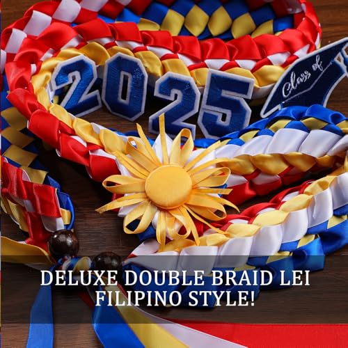 50" Philippines Graduation Leis Class of 2025 Filipino Graduation Ribbon Lei Double Braided Handmade Congrats Graduates Lei with Satin Flower Pin Gift for Grad Accessories Men Women4