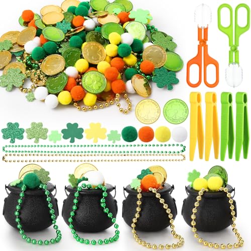 Foilswirl 436 Pcs St. Patrick Sensory Bin Filler Fine Motor Toys Include 4 Tweezers 2 Scissors Clips 200 Pom Poms 4 Cauldron Pot 60 Plastic Coins 6 Necklace 160 Shamrock Stickers for Sorting Counting