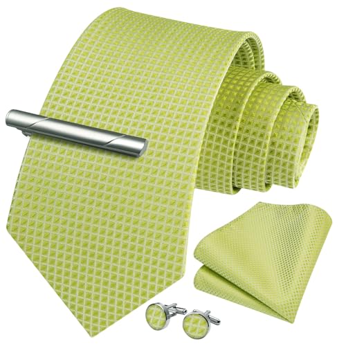 Image of HISDERN Plaid Ties for Men Classic Checkered Tie and Pocket Square Cufflinks Tie Clip Set Woven Men's Necktie Business