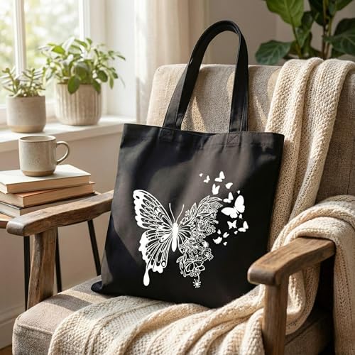 Image of STRUTT Foldable Canvas Tote Bag for Women, Tote Bag for College Girls, 100% Organic Cotton Reusable Shopping Bag for Grocery, Eco-Friendly Multi-Purpose Bag for Travel & Daily Use - White Butterfly