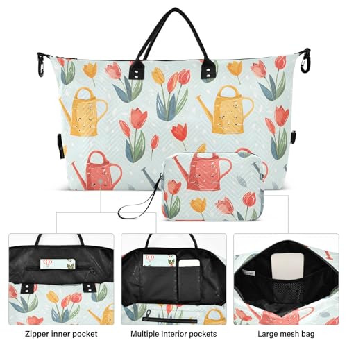 Weekender Bags Travel Duffel Gym Bag Watering Cans Tulips Spring Carry on Overnight Tote Bag with Toiletry Bag for Airplane Travel Trip Gym Yoga2