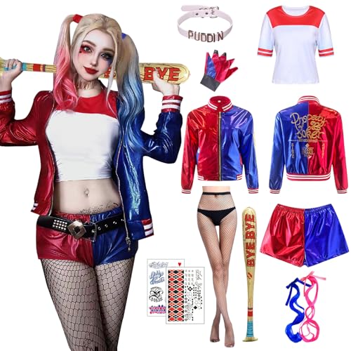 Celvibe Cosplay Kostüme für Erwachsene Kinder, Mädchen Bösewicht Suicide Kostüm Kit enthalten Jacke, T-Shirt, Shorts und Handschuh für Halloween...