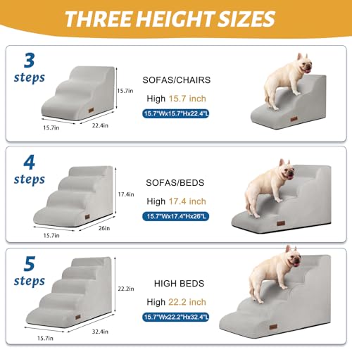Image of Aodisman Dog Stairs for High Bed,5-Step Pet Ramp for Small Dogs and Cats | 22.2 inch H Dog Steps for Bed with High-Density Foam, Help Olders,Short-Legged Dogs,Puppy and Cats Get on Beds Easily,Light Grey