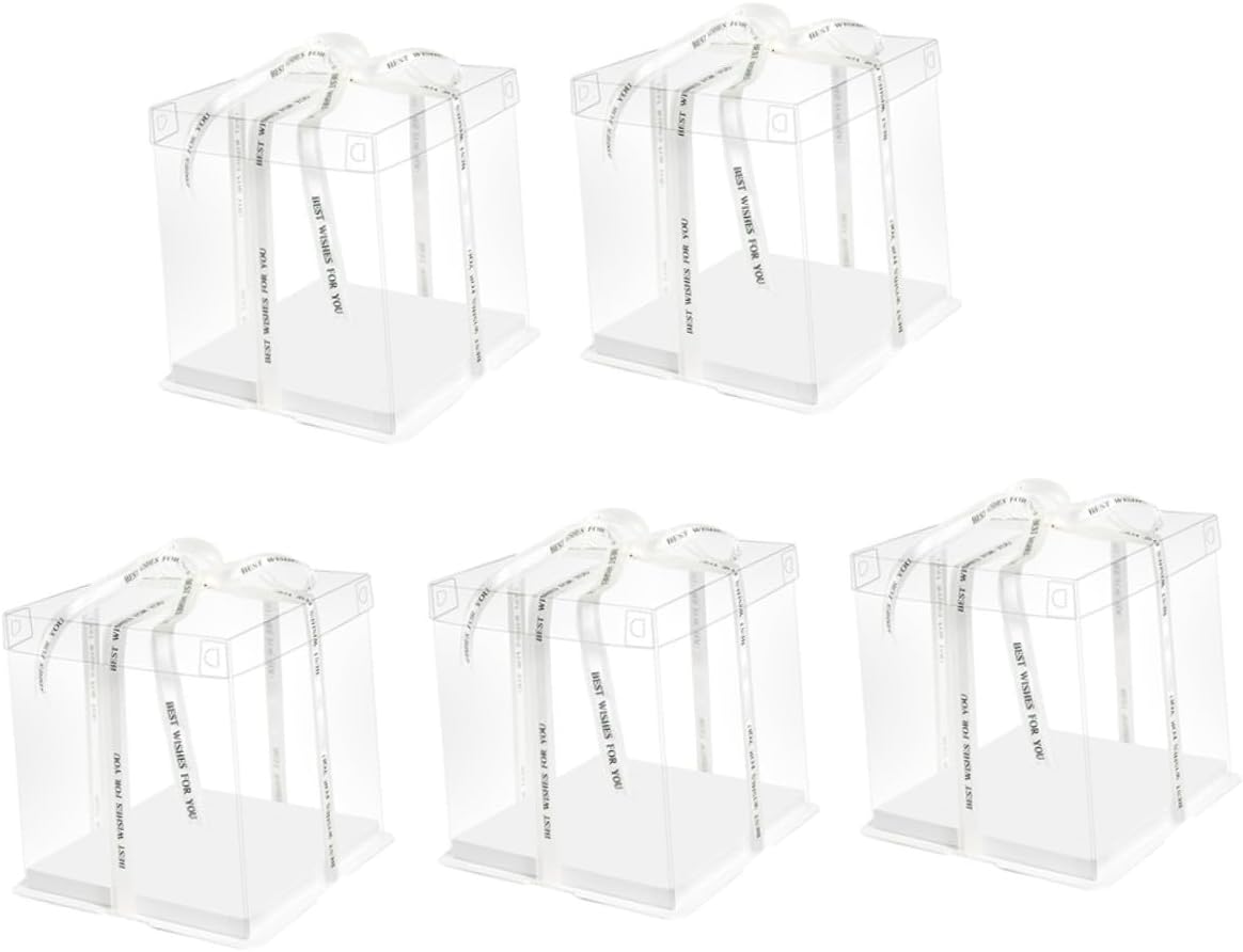 5pcs 8-inch Birthday Cake Boxes with Lid, Tall Food Packaging Containers with Ribbon for Bakery Storage and Party Cake Wrapping