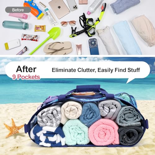 Image of Beach Bag, F-color Mesh Beach Bag Oversized Beach Tote 8 Pockets Beach Toy Bag Lightweight Beach Tote Bag for Women Picnic Travel