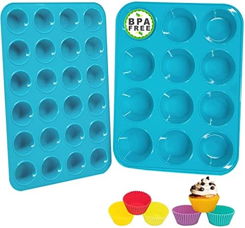 katbite Silicone Muffin Pan Set, Non-stick BPA Free Cupcake Pans 12&24 Cups, Food Grade Silicone Molds with 6 Silicone Baking Cups, Reusable Muffin Tin for Egg Muffin, Cupcake, Fat Bomb, Cheesecakes