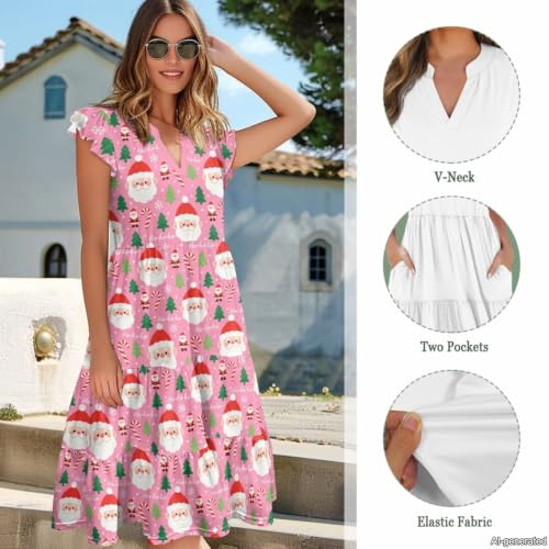 Image of Womens Summer Dress Ruffle Sleeve V Neck Dress Casual Fit Flowy Beach Vacation Sundress with Pocket S-2XL