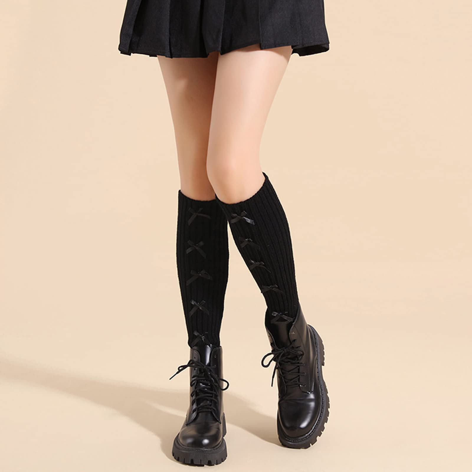 Women Winter Ribbed Knit Leg Warmers Bows Boot Socks
