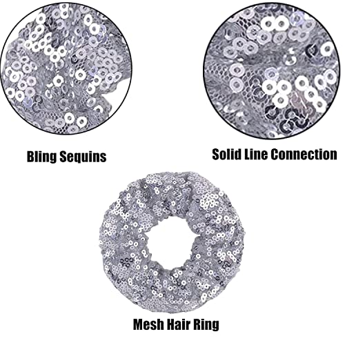 12 Pcs Silver Sequin Hair Scrunchies Hair Bobbles Metallic Elastics Ponytail Holders Hair Wrist Ties Bands Cloth Scrunchies For Show Gym Dance Party Club Girl Women #TOP3