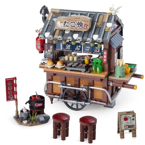 Image of OundarM Japanese Street View Mini Building Blocks Kit- Takoyaki Trolley, Japanese Mini Brand Store Toy for Boys, Girls 6+ (951 Pcs) | Japanese Restaurant Takoyaki Trolley, Creative Cute Store Model Kit, Architecture Construction Toy Gifts (951 Pcs)