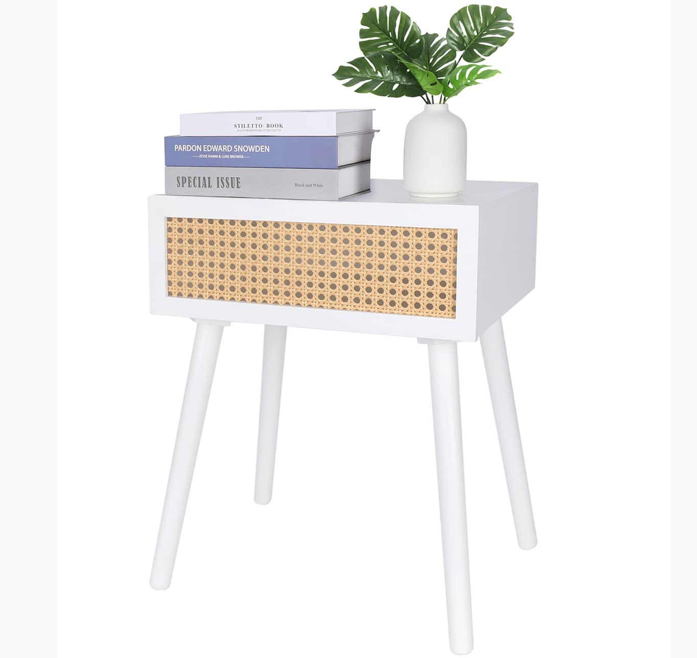 White Nightstand with Drawer(No Assembly Required), Rattan Bedside Table, MidCentury Modern