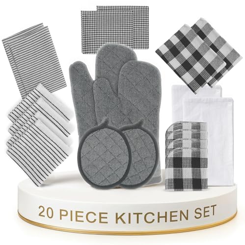 Image of LANE LINEN Kitchen Towels Set 20 Pack - Ultra Soft Cotton Kitchen Hand Towels, Highly Absorbent Dish Cloths, Durable Scrubbers, Flour Sack Tea Towels, Heat Resistant Oven Mitts & Pot Holders - Black