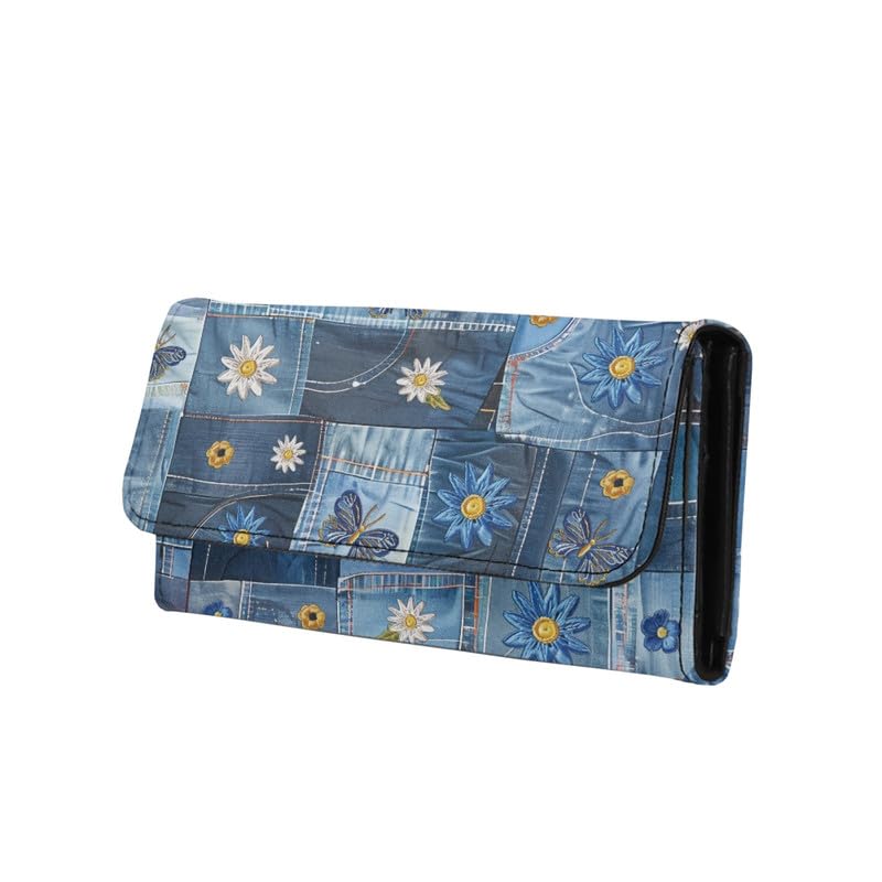 Novelty Jeans Print Womens Wallets Leather Clutch, Vintage Denim Block Patch Design Long Wallet for Women Blue Credit Card Holder with Coin Purse ID Window