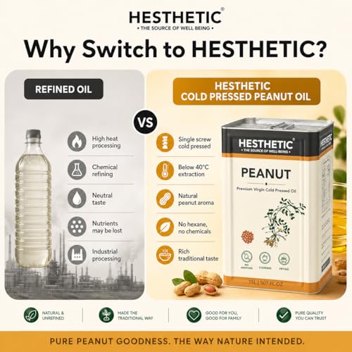 Image of HESTHETIC Cold Pressed Peanut (Groundnut) Oil 15L Bulk Family Pack | Pure Moongfali Ka Tel | Joint-Family Cooking Oil, Unrefined, High Smoke Point | Best Per-Litre Value