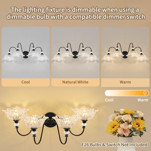 Image of 4-Light Matte Black Bathroom Vanity Light, Farmhouse Vanity Light with Floral Clear Glass Shades, Vintage Wall Mount Lighting for Bathroom