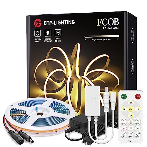 BTF-LIGHTING FCOB COB LEDテープライト 高密度 フレキシブル 5M 336LEDs/m 昼白色 4000K 幅8mm ストリップライト APP RFリモコン制御 調光コントローラー DC12V 調光可能 変形可能 切断可能 室内 階段 店舗 看板 天井 棚下照明 装飾用 非防水 FOB CRI>90 DC12Vアダプター付き（Amazon）