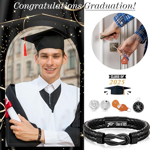 Graduation Gifts for Him, 2025 High School Graduation Gifts Class of 2025 Teen Gift Trendy Stuff Leather Bracelet for Men with Pocket Hug Token Compass College Middle 5th 8th Grade Masters Degree Graduate Knot Jewelry for Son Grandson Boyfriend