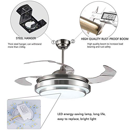 Fine Maker 42'' Modern Ceiling Fan With Light Led Integration Three-Color Light With Remote Control Abs Retractable Blade For Living Room Bedroom Restaurant #TOP4