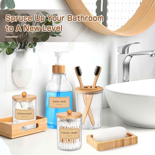 Juego de accesorios de baño de bambú con dispensador de jabón transparente de 5 piezas 4